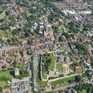 aerial view of lincoln cathedral castle and high street