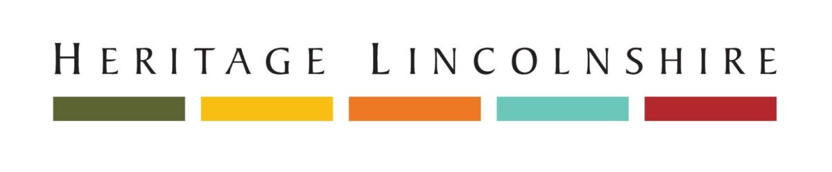 Logo for Heritage Lincolnshire. Text reads "Heritage Lincolnshire" with a row of different coloured rectangles underlining.