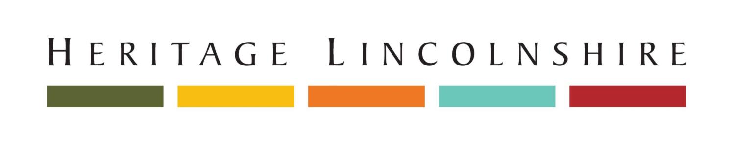 Logo for Heritage Lincolnshire. Text reads "Heritage Lincolnshire" with a row of different coloured rectangles underlining.